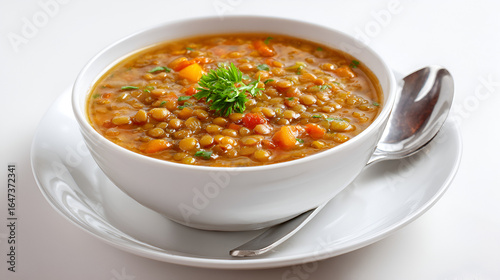 Delicious lentil soup in a white bowl with a spoon a healthy and hearty meal