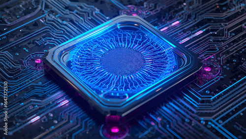blue glowing microchip circuit technology