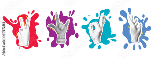  Set of signs for social networks and communication. Female hand gestures in halftone style on bright spots of paint. Contemporary collage with trendy signs of human hand. Vector graphics