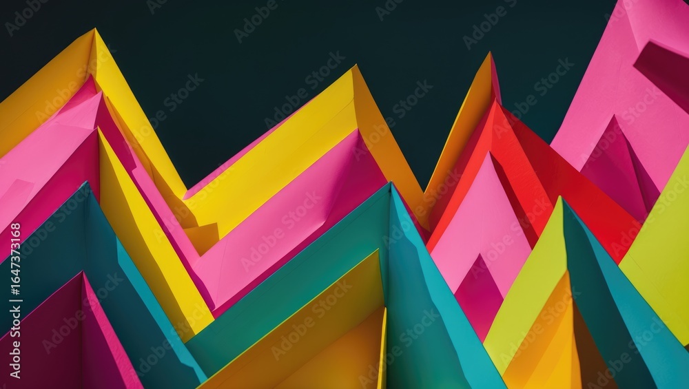 Fototapeta premium Colorful geometric 3D shapes with sharp peaks and vibrant layers.