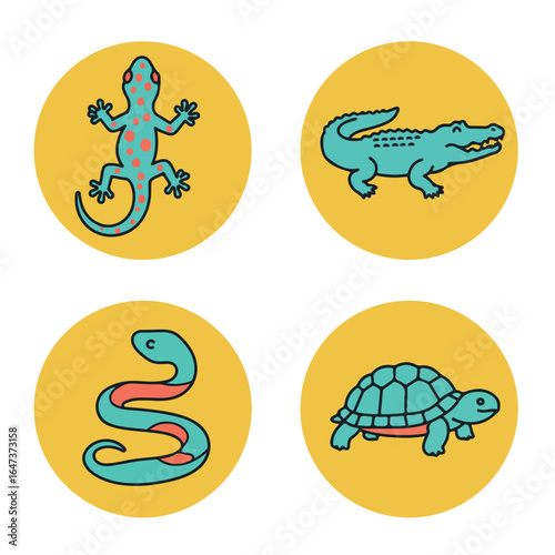Reptile icons lizard, alligator, snake, turtle on yellow circles