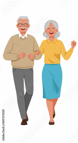 An elderly couple walking happily together, arm in arm, radiating love and companionship. They're smiling and enjoying a pleasant walk together, evoking warmth and affection.