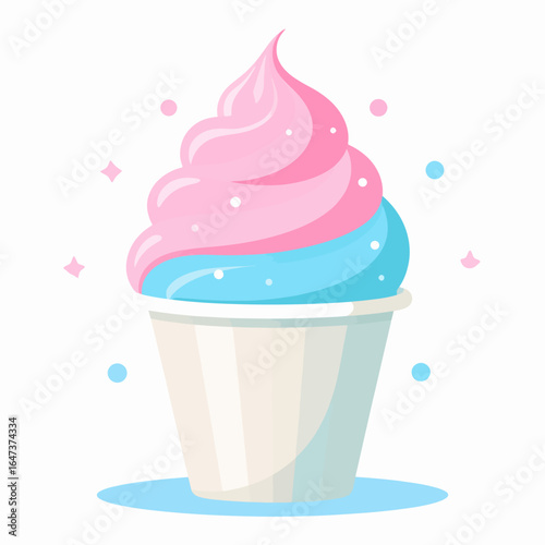 Whimsical pink and blue swirled soft serve ice cream in a paper cup with sparkles.