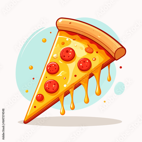 A vibrant cartoon slice of pepperoni pizza with gooey, dripping melted cheese and a thick, golden-brown crust.