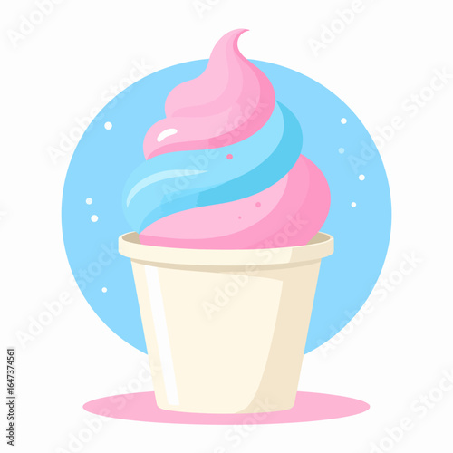 A vibrant cartoon illustration of swirled pink and blue soft serve ice cream in a white paper cup.