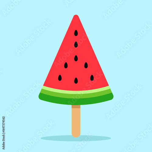 A vibrant, triangular watermelon popsicle with red flesh, black seeds, and a green rind on a wooden stick.