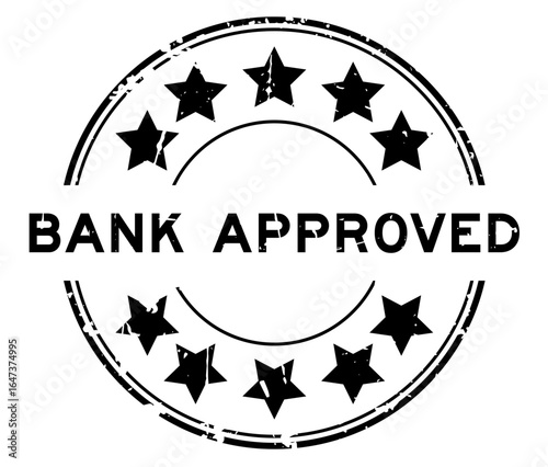 Grunge black bank approved word with star icon round rubber seal stamp on white background