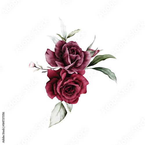 Beautiful red and purple roses with watercolor leaves