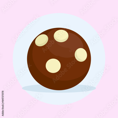 Illustrated round milk chocolate bonbon with decorative white polka dots.