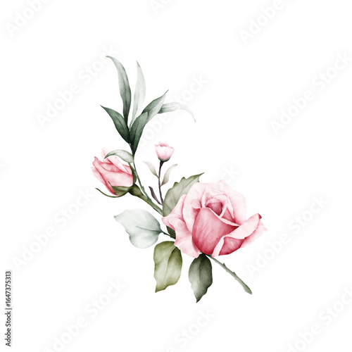 Beautiful pink roses with watercolor leaves