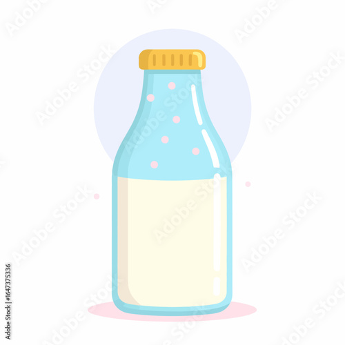 Stylized blue glass milk bottle with pink polka dots and a yellow ribbed cap, half-full of fresh white milk.