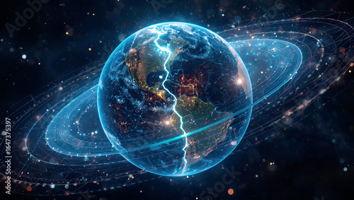 glowing planet with futuristic energy rings