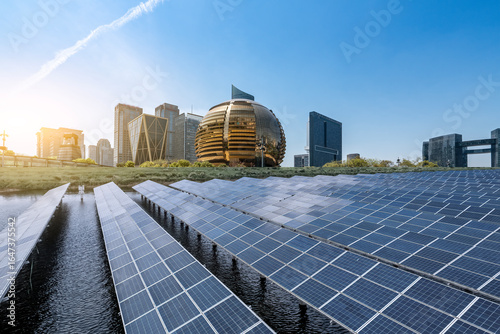 Photography Solar Panels in Urban Setting with Modern Buildings