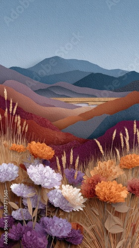 Vibrant autumn landscape with rolling hills and wildflowers