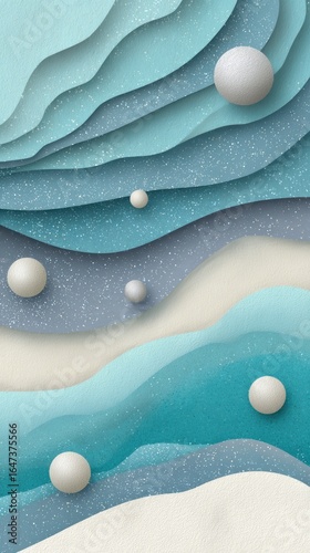 Abstract layered ocean waves with smooth pebbles and sparkling details