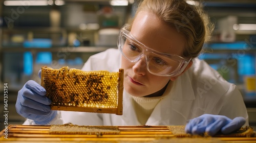 Focused female scientist examines honeycomb in a laboratory setting.