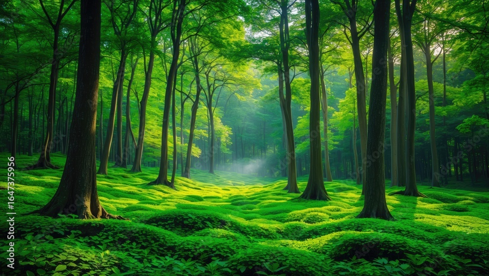 Obraz premium Lush green forest scene with tall trees and sunlight filtering through the canopy. Nature and tranquility, concept. Forest landscape and serenity. The concept of natural environment and peace