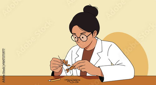 Woman in labcoat examines plant matter