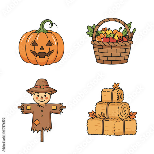 Autumn harvest pumpkin, basket, scarecrow, hay
