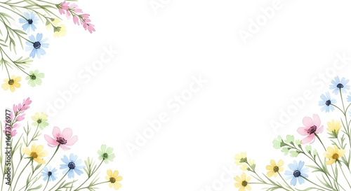 Elegant watercolor wildflower border with delicate pastel blooms. Hand-painted floral frame illustration for spring or summer.