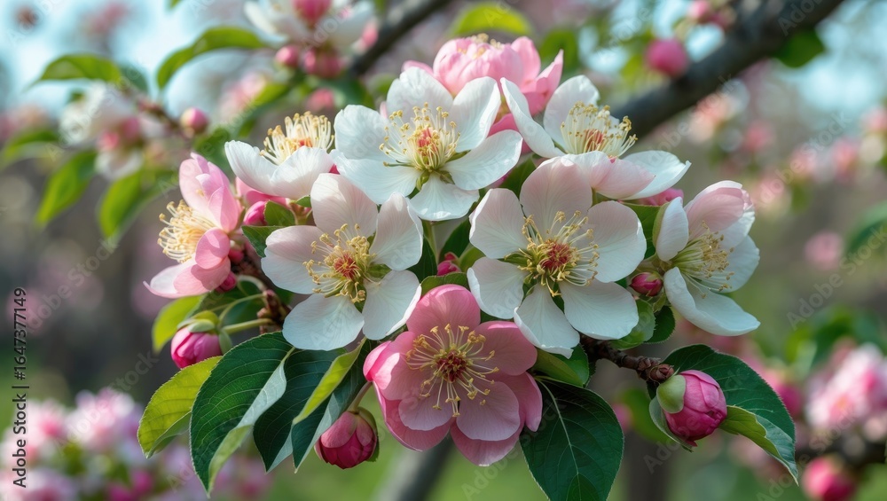 Fototapeta premium Blooming pink and white blossoms on a tree branch with green leaves.