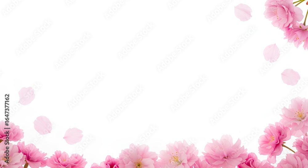 Obraz premium A delicate frame of beautiful pink cherry blossom flowers and soft falling petals on a pure white background, concept of spring.