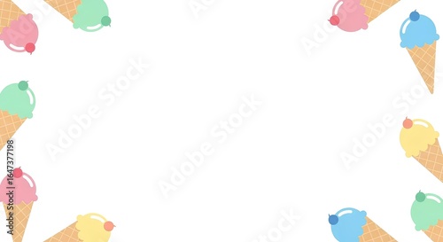 Colorful pastel ice cream cone border on a white background. Sweet summer dessert illustration frame with copy space.