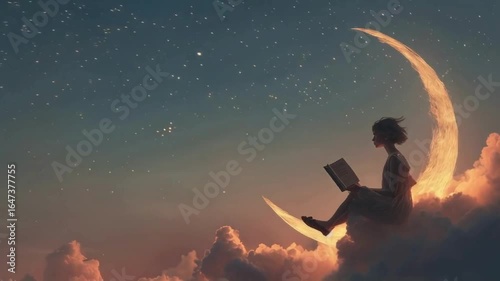 abstract animation with cute, dreamy girl sitting on the moon and reading a book; book reader footage 