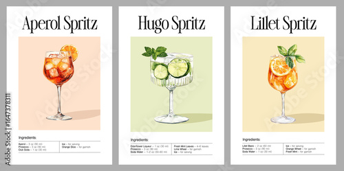 Watercolor spritz cocktail set with Aperol Spritz, Hugo Spritz, and Lillet Spritz. Summer drink posters with ingredients in stylish glasses on pastel backgrounds.