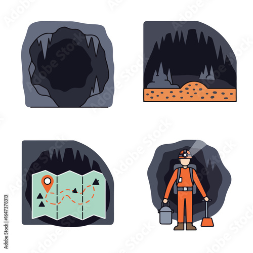 Cartoon of caves and a spelunker with map, light, tools and a cave entrance