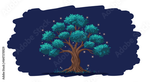 Solitary tree amidst fireflies