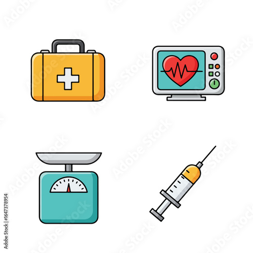 Medical tools kit, monitor, scale, syringe