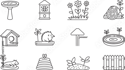Garden elements with animals and plants nature