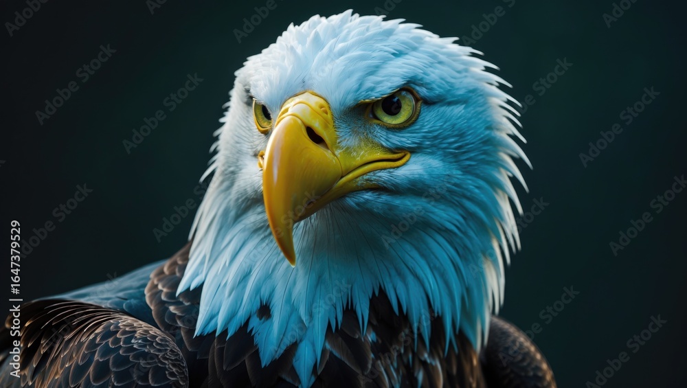 Obraz premium Close-up of a bald eagle with a fierce expression, featuring detailed feathers and a sharp yellow beak.