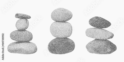 Stone towers, balance. Black graphic filled with gritty overlay, faded grain and speckled ink creating a distressed effect.
