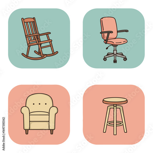 Seating icons rocking chair, office chair, armchair, and stool