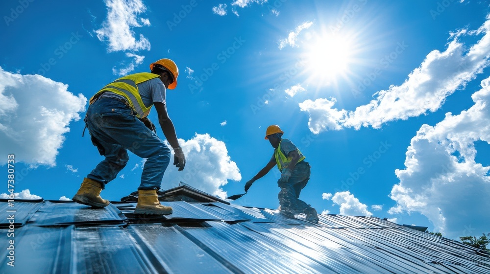 Professional roofers installing metal sheets on a building roof under a bright sunny sky. Professional roofers installing metal sheets on a building roof under a bright sunny sky.