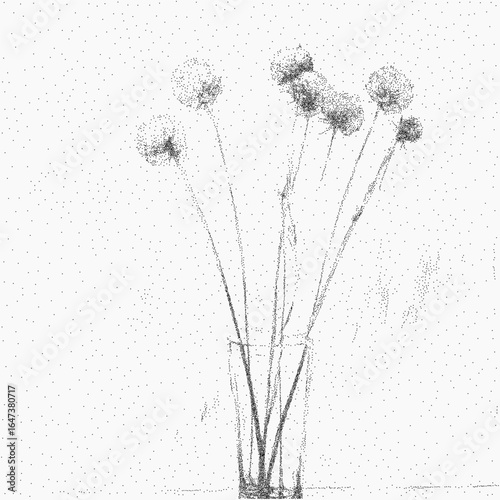 A bouquet of delicate flowers. Rough form with grunge stains, paper grain, and faint speckle. Ink threshold lines and vintage texture cover the surface.