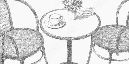 Print of a street cafe with chairs. Black silhouette with paper grit scattered threshold and light speckle. Rough texture and faded noise create a retro grainy appearance.