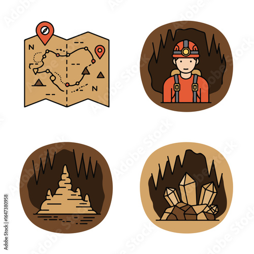 Caving expedition Map, miner, stalagmites, & crystal formations are depicted