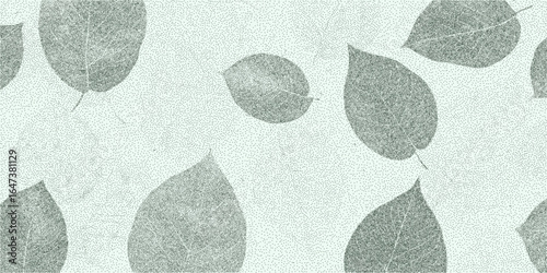 Background with leaves with fine grain texture, layered dust speckles and faint stains on aged paper surface with visible vintage distress marks.