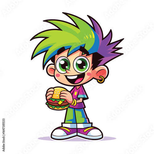 Cute Cartoon Boy With Colorful Hair Holding a Burger, Colorful Cartoon Kid Eating a Burger, Happy Cartoon Boy With Bright Hair and Burger, ute Kid Holding Burger Illustration