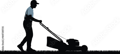 Silhouette of man mowing lawn with motorized push mower, black and white vector illustration, grass cutting concept, outdoor maintenance scene, isolated graphic