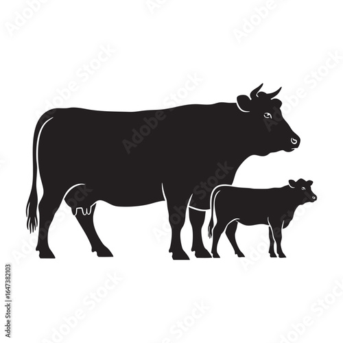 Silhouette of a Cow and Calf Standing Side by Side on a White Background cattle livestock