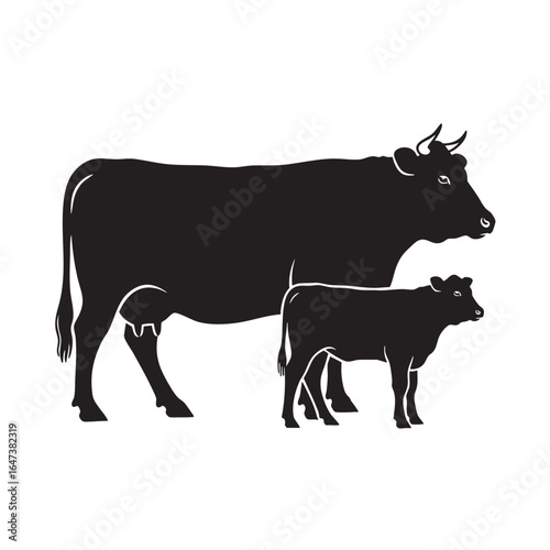 Silhouette of a Large Cow and a Small Calf Standing Together on a White Background cattle animal