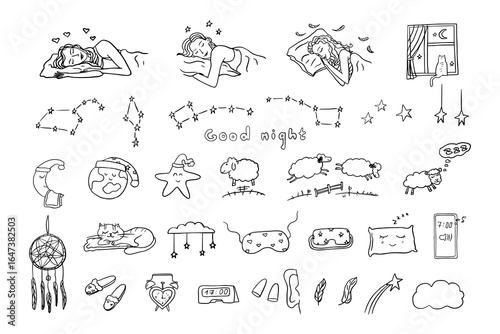 Set of good night theme in doodle style. Sweet dream, sleeping girl, cat, sheep, constellation, star, sleep mask, feather, awakening, sleeping, sleepy, dreamcatcher, clouds, dreaming, earplugs
