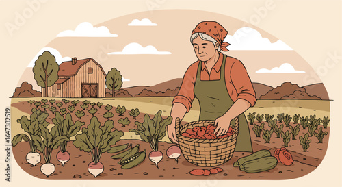 Harvesting Person collecting vegetables, barn, and crops in a garden setting