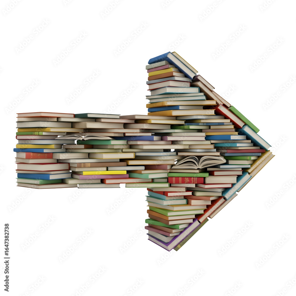 Obraz premium A directional arrow pointing right, constructed from a large stack of colorful books, isolated on a transparent background.