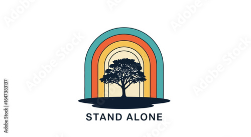 strong independent and resilient a retro tree silhouette against a vibrant rainbow arc perfect for branding inspiration and selfreliance concepts