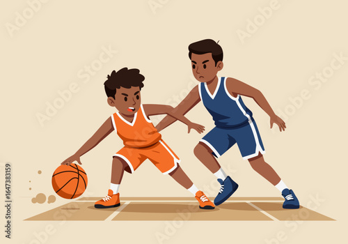 Two Cartoon Basketball Players in Action on the Court